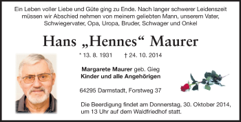 Traueranzeige von Hans Maurer von Echo-Zeitungen (Gesamtausgabe)