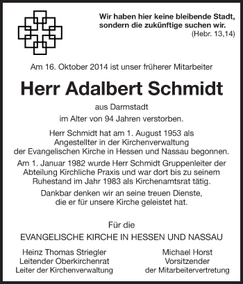 Traueranzeige von Adalbert Schmidt von Echo-Zeitungen (Gesamtausgabe)