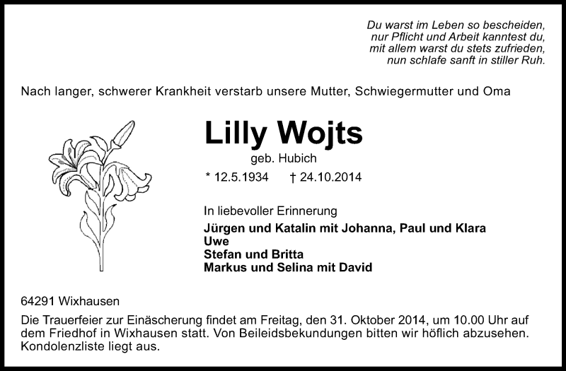  Traueranzeige für Lilly Wojts vom 28.10.2014 aus Echo-Zeitungen (Gesamtausgabe)