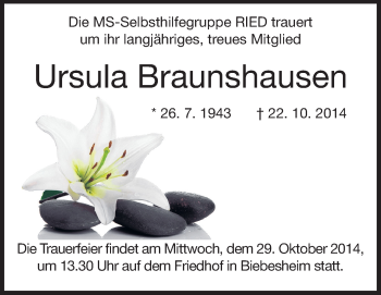 Traueranzeige von Ursula Braunshausen von Rüsselsheimer Echo, Groß-Gerauer-Echo, Ried Echo