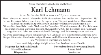 Traueranzeige von Karl Lehmann von Odenwälder Echo