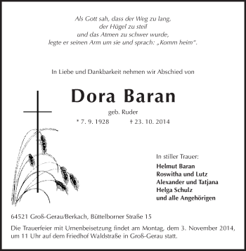 Traueranzeige von Dora Baran von Rüsselsheimer Echo, Groß-Gerauer-Echo, Ried Echo