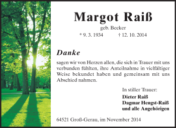 Traueranzeige von Margot Raiß von Rüsselsheimer Echo, Groß-Gerauer-Echo, Ried Echo
