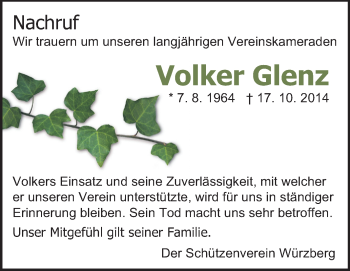 Traueranzeige von Volker Glenz von Odenwälder Echo