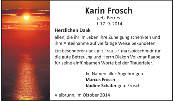 Traueranzeige von Karin Frosch von Odenwälder Echo