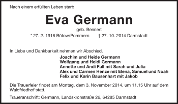 Traueranzeige von Eva Germann von Echo-Zeitungen (Gesamtausgabe)