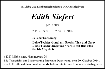Traueranzeige von Edith Siefert von Odenwälder Echo