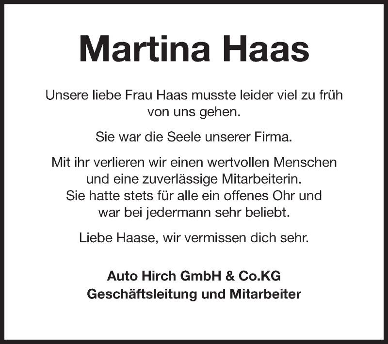  Traueranzeige für Martina Haas vom 29.10.2014 aus Echo-Zeitungen (Gesamtausgabe)