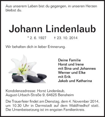Traueranzeige von Johann Lindenlaub von Echo-Zeitungen (Gesamtausgabe)