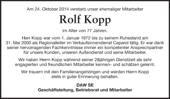 Traueranzeige von Rolf Kopp von Echo-Zeitungen (Gesamtausgabe)