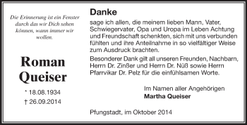 Traueranzeige von Roman Queiser von Echo-Zeitungen (Gesamtausgabe)