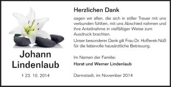 Traueranzeige von Johann Lindenlaub von Echo-Zeitungen (Gesamtausgabe)