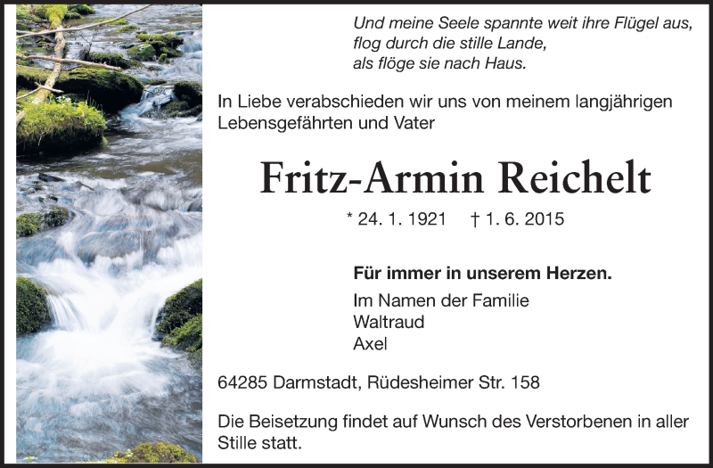  Traueranzeige für Fritz-Armin Reichelt vom 06.06.2015 aus Echo-Zeitungen (Gesamtausgabe)