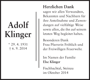 Traueranzeige von Adolf Klinger von Echo-Zeitungen (Gesamtausgabe)