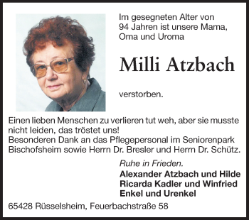 Traueranzeige von Milli Atzbach von Rüsselsheimer Echo, Groß-Gerauer-Echo, Ried Echo
