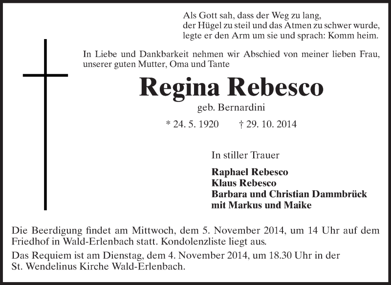  Traueranzeige für Regina Rebesco vom 01.11.2014 aus Starkenburger Echo