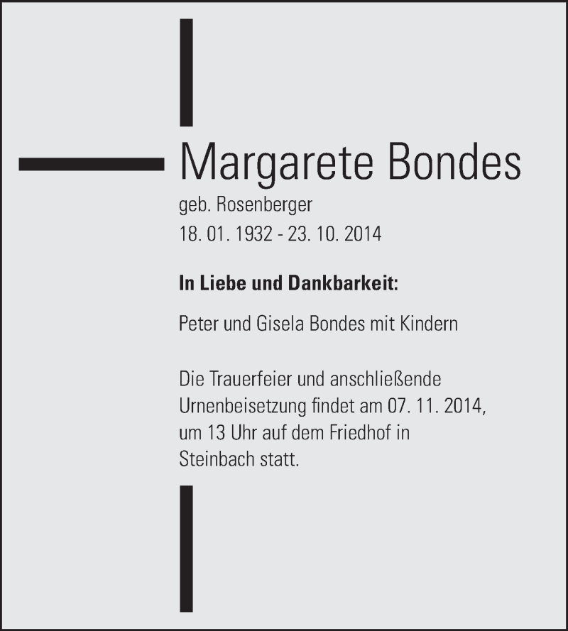  Traueranzeige für Margarete Bondes vom 31.10.2014 aus Odenwälder Echo