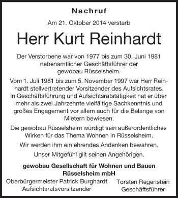 Traueranzeige von Kurt Reinhardt von Rüsselsheimer Echo, Groß-Gerauer-Echo, Ried Echo