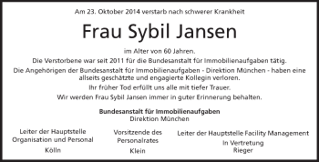 Traueranzeige von Sybil Jansen von Echo-Zeitungen (Gesamtausgabe)
