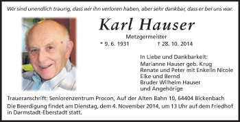 Traueranzeige von Karl Hauser von Echo-Zeitungen (Gesamtausgabe)