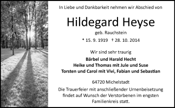 Traueranzeige von Hildegard Heyse von Odenwälder Echo