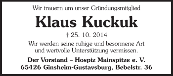 Traueranzeige von Klaus Kuckuck von Rüsselsheimer Echo, Groß-Gerauer-Echo, Ried Echo