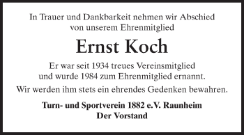 Traueranzeige von Ernst Koch von Rüsselsheimer Echo, Groß-Gerauer-Echo, Ried Echo