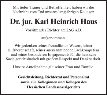 Traueranzeige von Karl Heinrich Haus von Echo-Zeitungen (Gesamtausgabe)