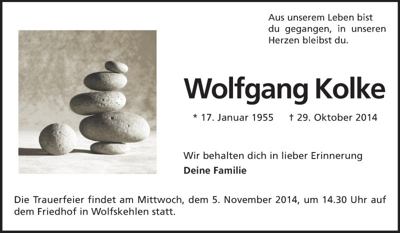  Traueranzeige für Wolfgang Kolke vom 01.11.2014 aus Rüsselsheimer Echo, Groß-Gerauer-Echo, Ried Echo