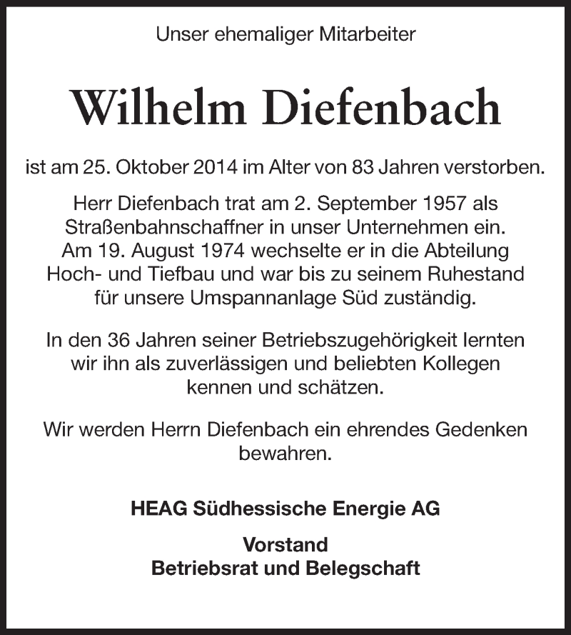  Traueranzeige für Wilhelm Diefenbach vom 01.11.2014 aus Echo-Zeitungen (Gesamtausgabe)