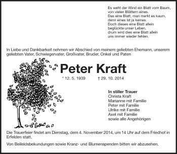 Traueranzeige von Peter Kraft von Rüsselsheimer Echo, Groß-Gerauer-Echo, Ried Echo