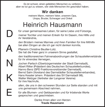 Traueranzeige von Heinrich Hausmann von Echo-Zeitungen (Gesamtausgabe)