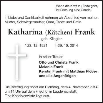 Traueranzeige von Katharina Frank von Echo-Zeitungen (Gesamtausgabe)