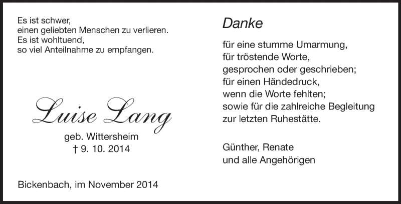  Traueranzeige für Luise Lang vom 01.11.2014 aus Echo-Zeitungen (Gesamtausgabe)