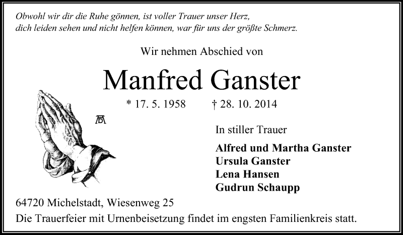  Traueranzeige für Manfred Ganster vom 03.11.2014 aus Odenwälder Echo