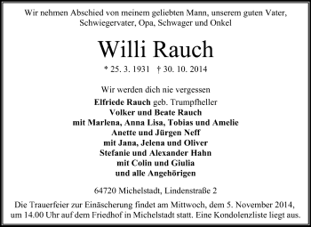 Traueranzeige von Willi Rauch von Odenwälder Echo