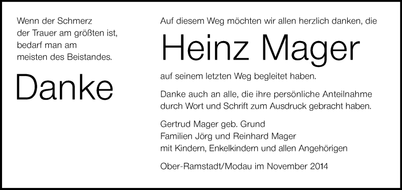  Traueranzeige für Heinz Mager vom 01.11.2014 aus Echo-Zeitungen (Gesamtausgabe)