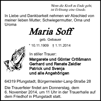 Traueranzeige von Maria Soff von Echo-Zeitungen (Gesamtausgabe)