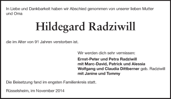 Traueranzeige von Hildegard Radziwill von Rüsselsheimer Echo, Groß-Gerauer-Echo, Ried Echo