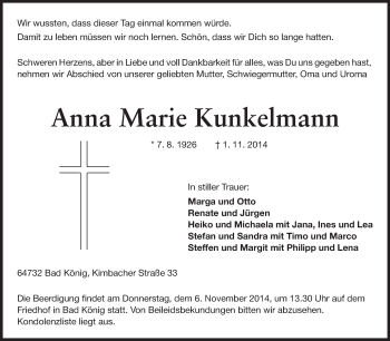 Traueranzeige von Anna Marie Kunkelmann von Odenwälder Echo