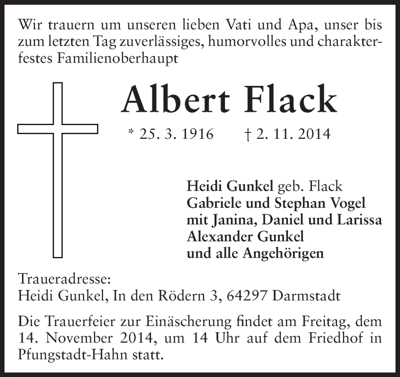  Traueranzeige für Albert Flack vom 08.11.2014 aus Echo-Zeitungen (Gesamtausgabe)