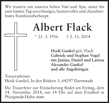 Traueranzeige von Albert Flack von Echo-Zeitungen (Gesamtausgabe)