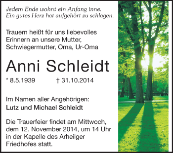 Traueranzeige von Anni Schleidt von Echo-Zeitungen (Gesamtausgabe)
