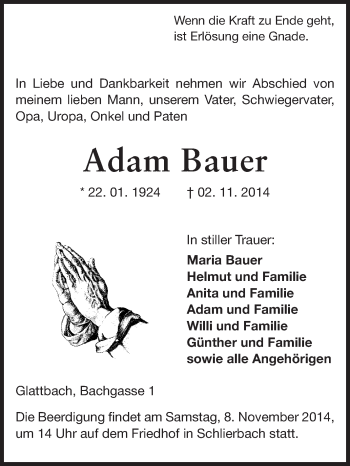 Traueranzeige von Adam Bauer von Starkenburger Echo, Bergsträßer Anzeiger
