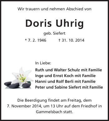 Traueranzeige von Doris Uhrig von Odenwälder Echo