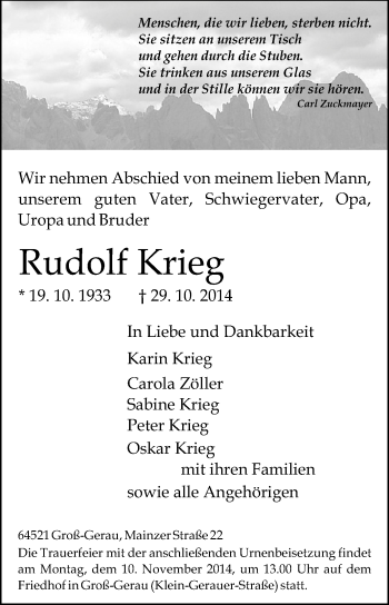 Traueranzeige von Rudolf Krieg von Rüsselsheimer Echo, Groß-Gerauer-Echo, Ried Echo