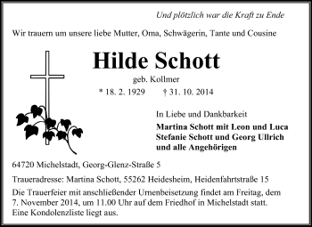Traueranzeige von Hilde Schott von Odenwälder Echo