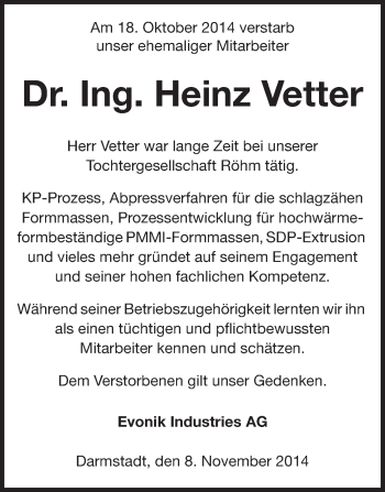 Traueranzeige von Heinz Vetter von Echo-Zeitungen (Gesamtausgabe)