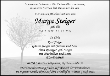 Traueranzeige von Marga Steiger von Odenwälder Echo
