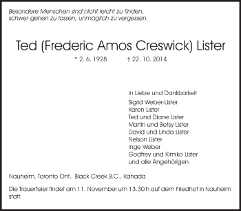 Traueranzeige von Ted  Lister von Rüsselsheimer Echo, Groß-Gerauer-Echo, Ried Echo